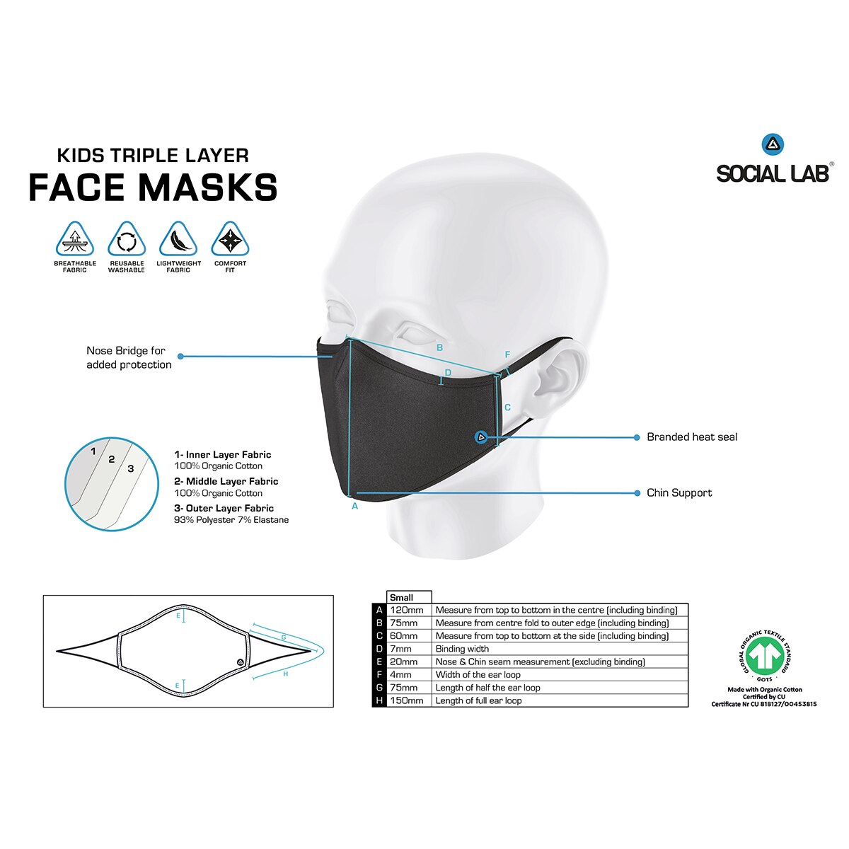 Social Lab Triple Layer Reusable Girl's Face Masks, 4 Pack