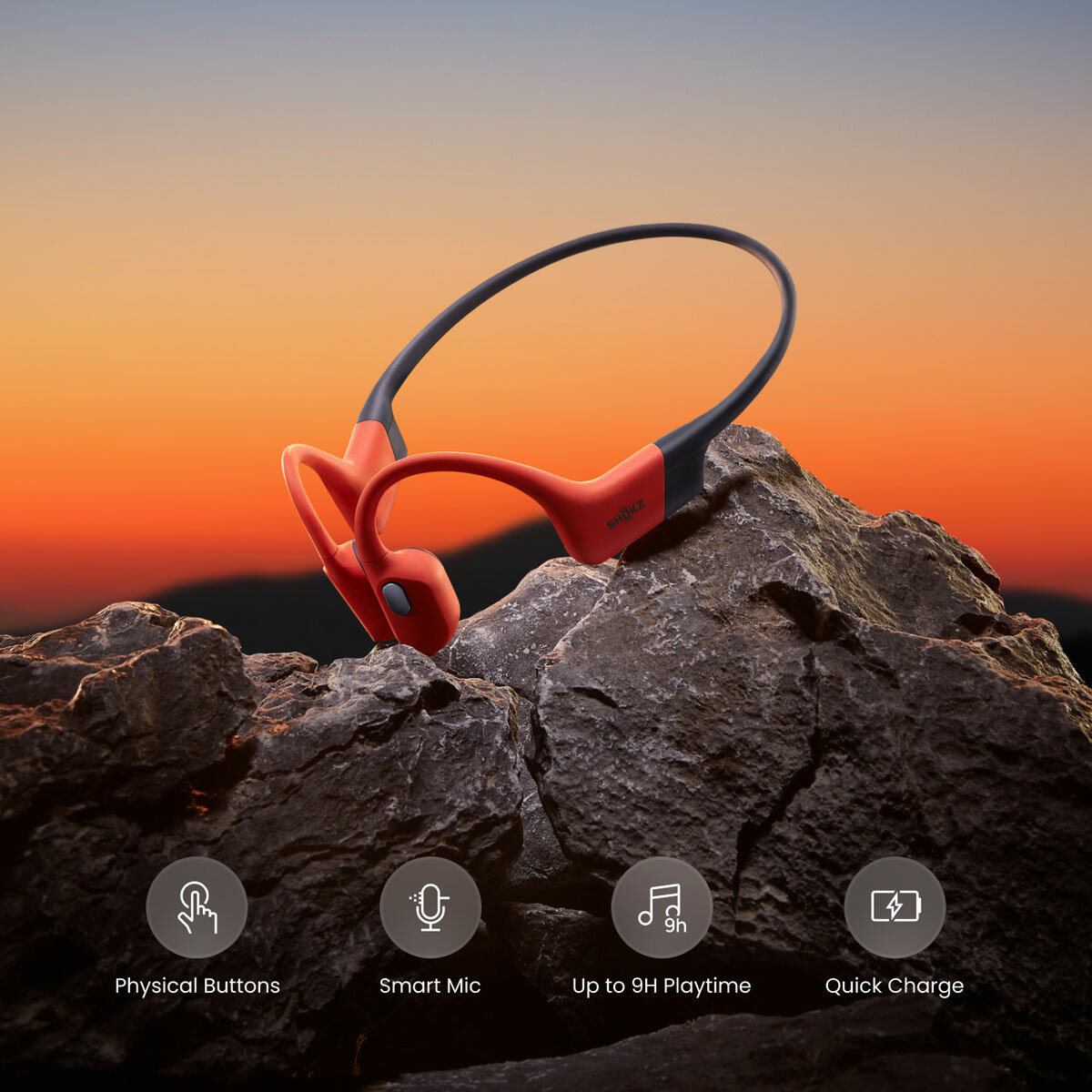 Product image with short features, physical buttons, start mic, upto 9h play time, quicj charge Product image with short features, physical buttons, start mic, upto 9h play time, quicj charge