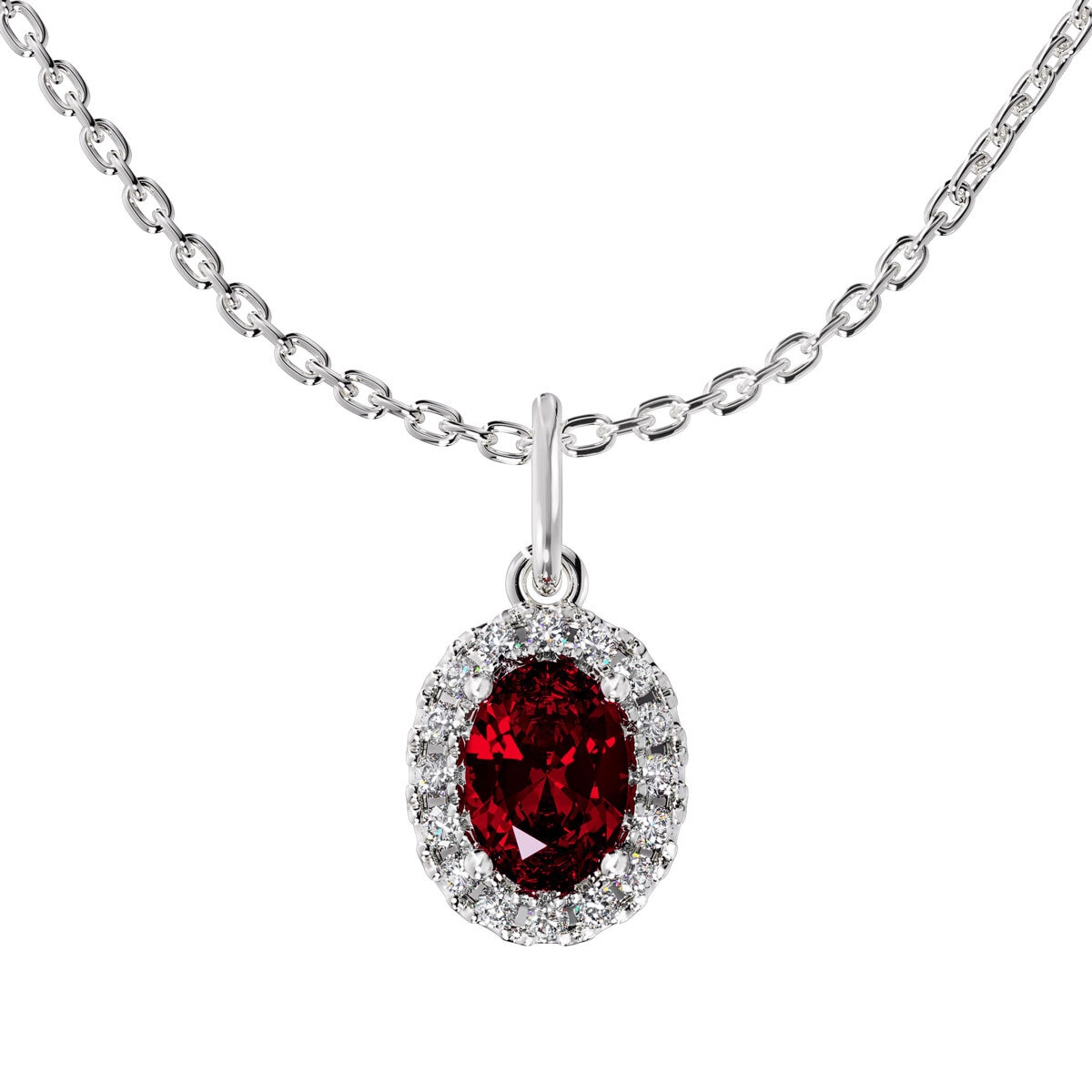 Oval Cut Ruby & 0.16ctw Diamond Halo Pendant, 14ct White Gold