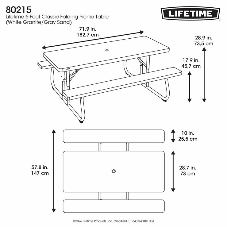 Lifetime 6ft (1.82m) Classic Folding Picnic Table - Model 80215