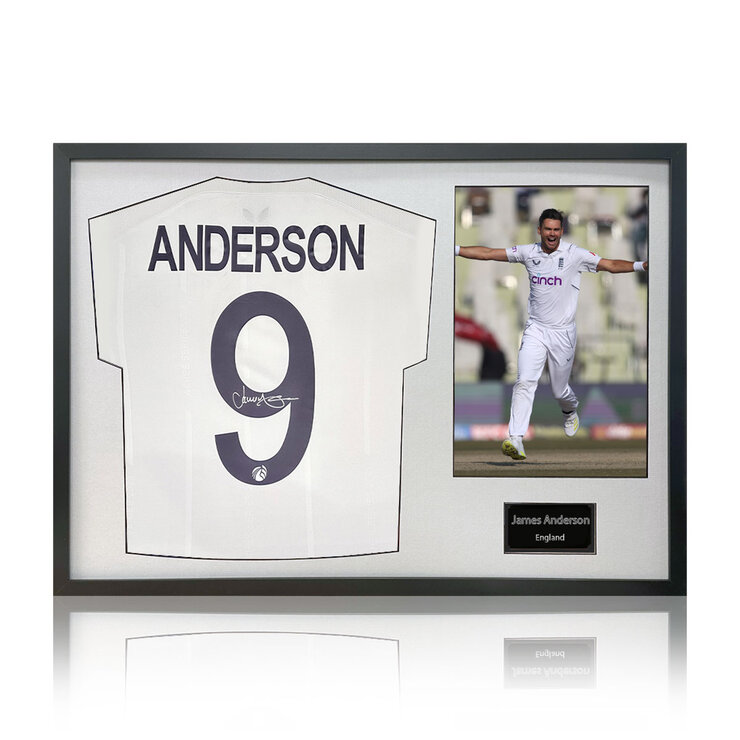 James Anderson Signed Framed England Cricket Shirt including 1 Photo in 2 Options: White or James Anderson Signed Framed England Cricket Shirt including 1 Photo in 2 Options: White or