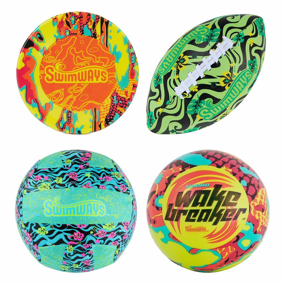 Studio image showing the football, volleyball, skip disc and wavebreaker