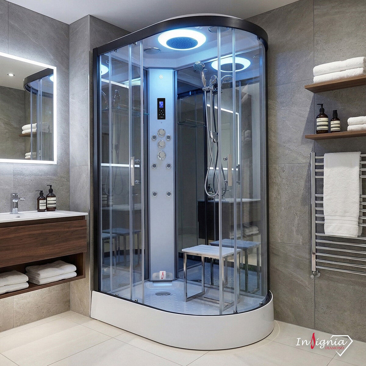 Insignia Diamond 1100mm Offset Quadrant Steam Shower with Black Frame