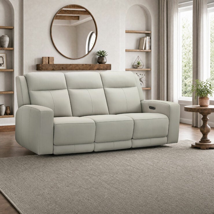 Simon Li Wren Light Grey Leather Power Reclining 3 Seater Sofa with Power Headrest Simon Li Wren Light Grey Leather Power Reclining 3 Seater Sofa with Power Headrest
