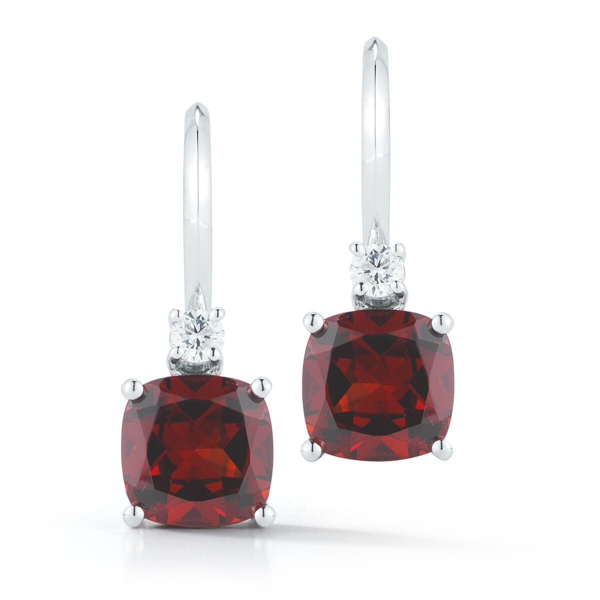 Cushion Cut Garnet and Diaond Hoop Earrings, 14k White Gold