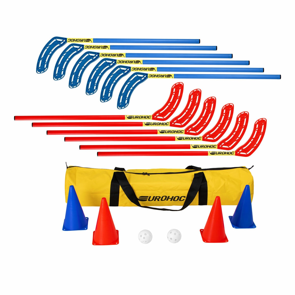 Studio image of the Eurohoc Floorball Hockey Set with cones, balls and holdall