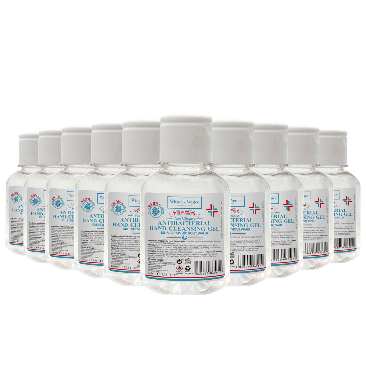 Winter in Venice Antibacterial Hand Cleansing Gel, 10 x 100ml (70% Alcohol)