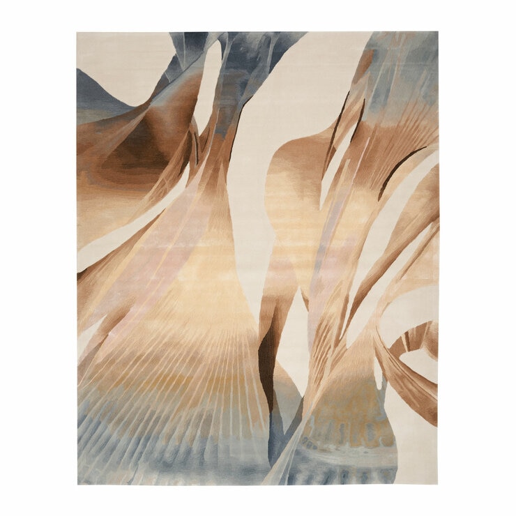 Rug with flowing abstract shapes in beige, brown, blue and cream, resembling soft fabric or wings in motion.