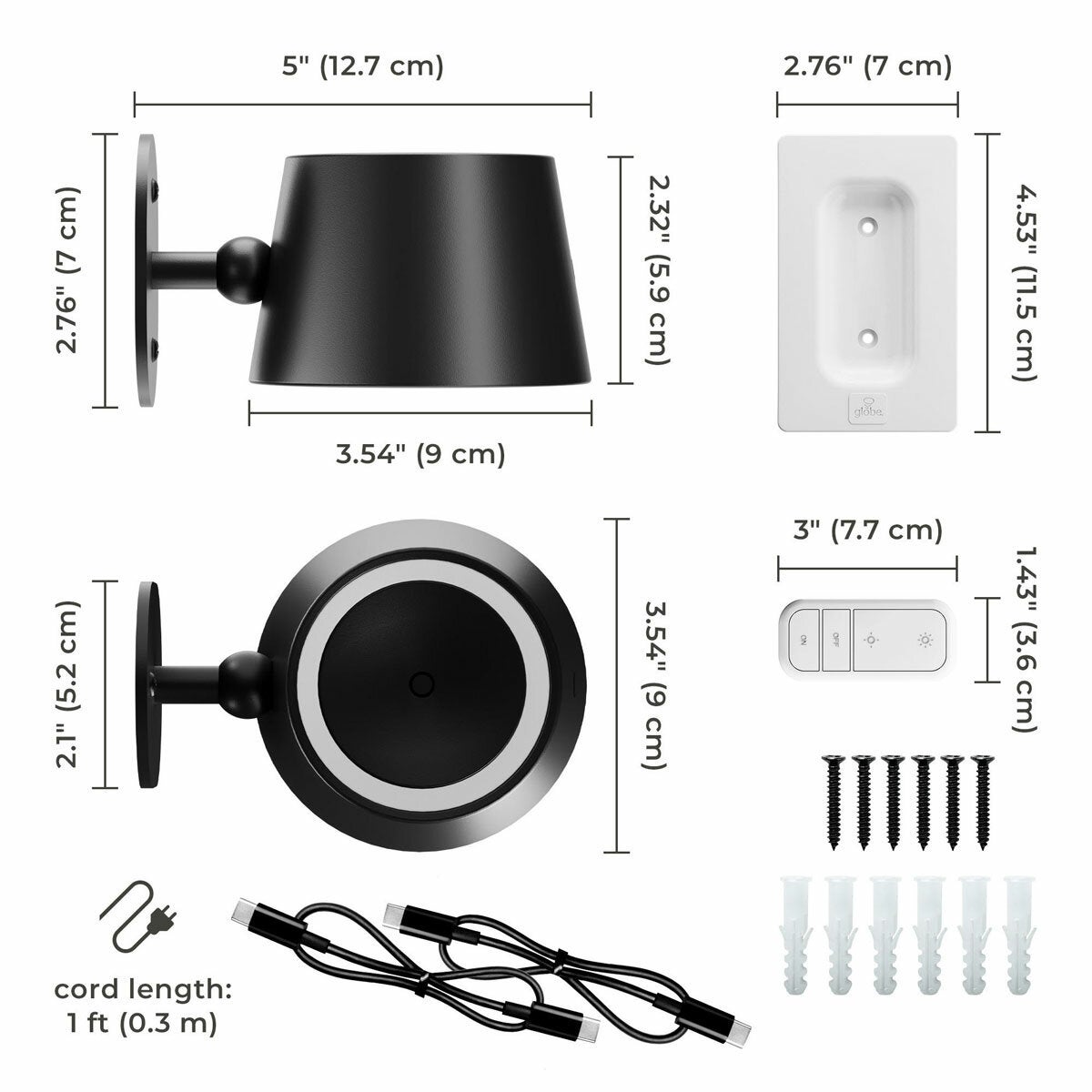 Globe Rechargeable Black Portable Wall Light, 2 Pack - Black Globe Rechargeable Black Portable Wall Light, 2 Pack - Black