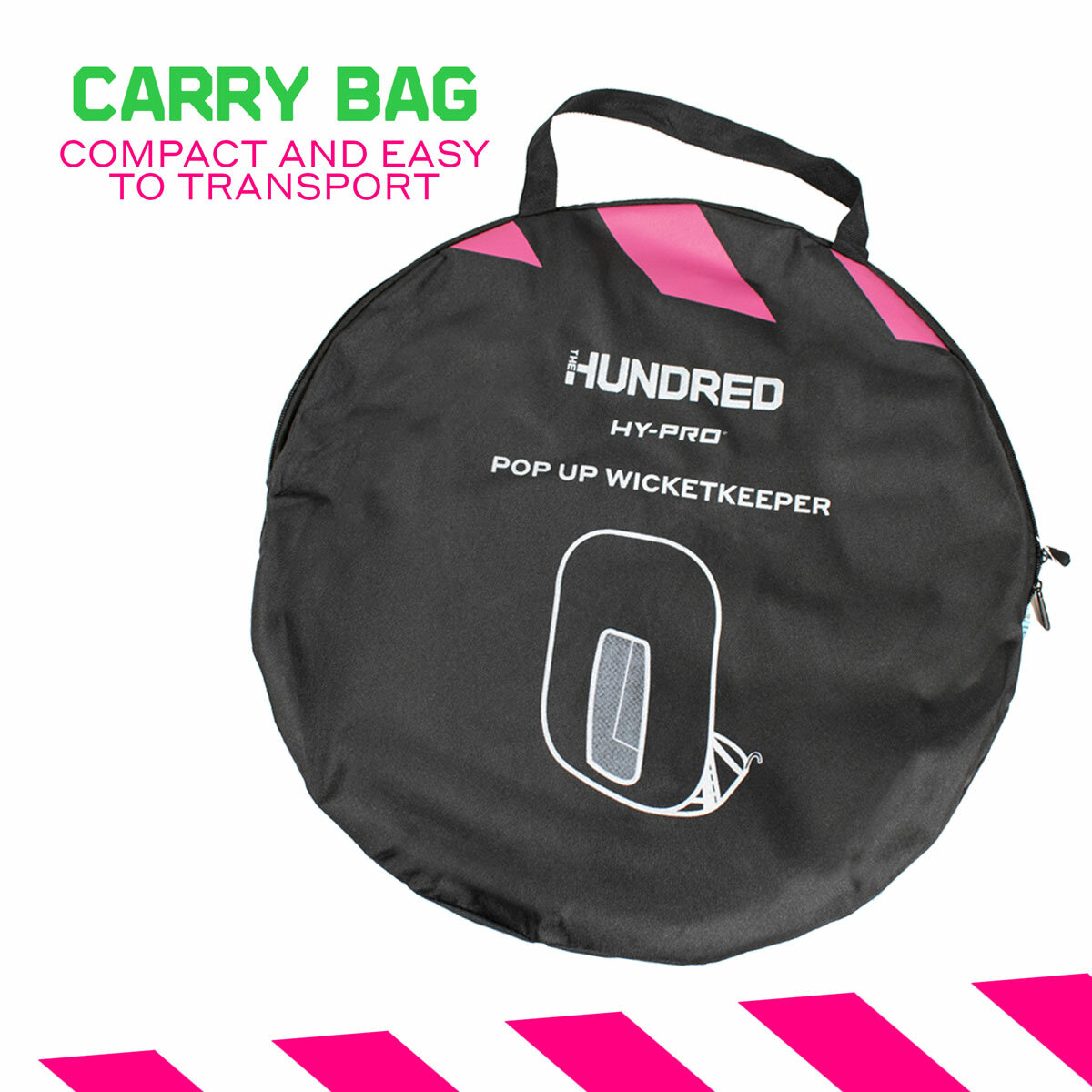 Studio image showing the carry bag for the pop up wicket keeper