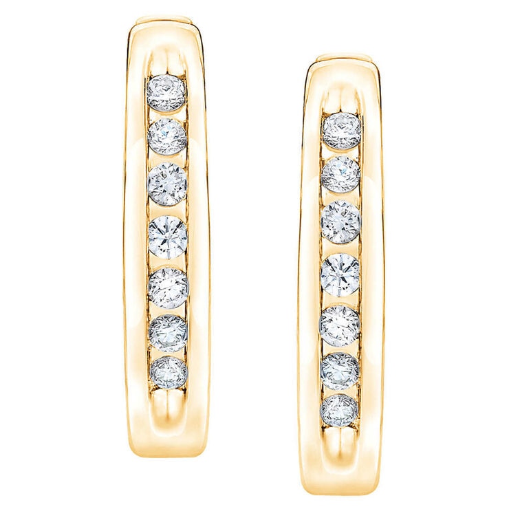 0.12ctw Channel Hoop Diamond Earrings, 14k Yellow Gold