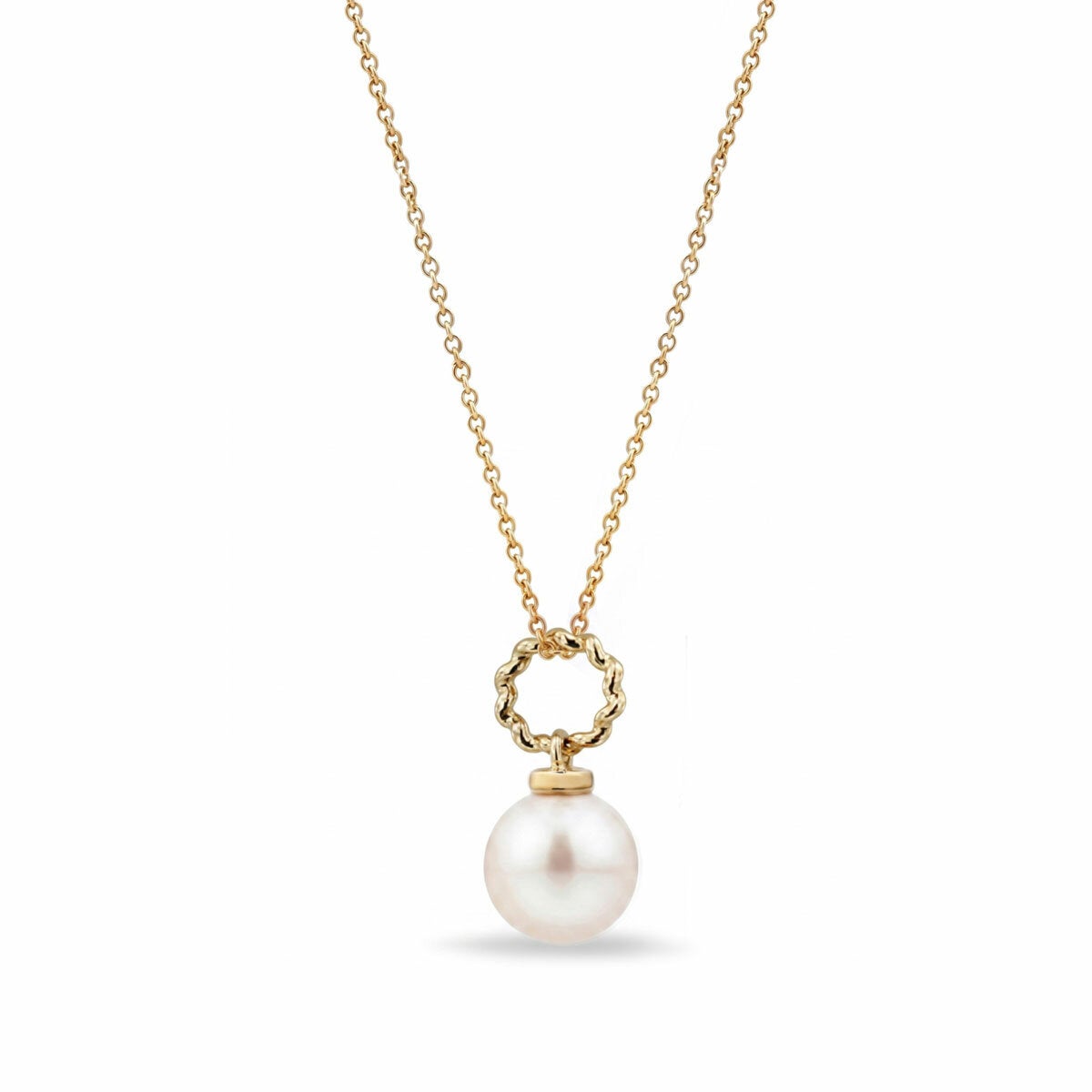7-8mm Cultured Freshwater White Pearl Round Necklace, 14ct Yellow Gold