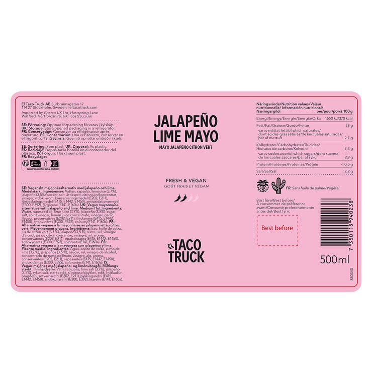 Jalapeno Lime Mayo Product Label, 500ml Jalapeno Lime Mayo Product Label, 500ml