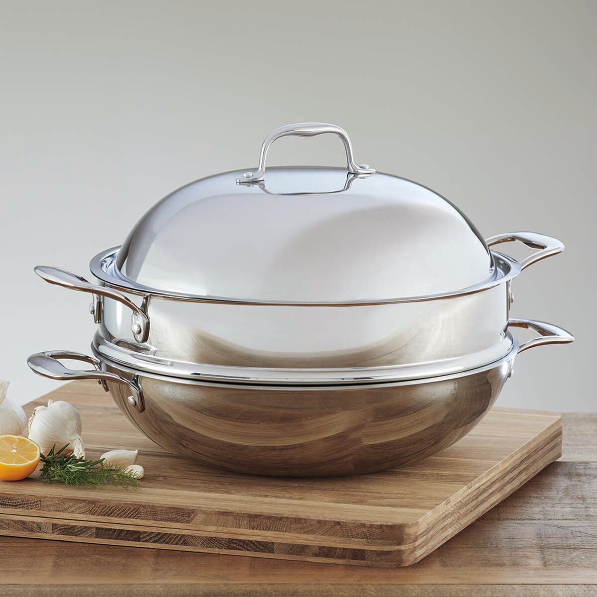 LinkfairTri Ply Stainless Steel 32cm Wok with Steamer Insert and Lid