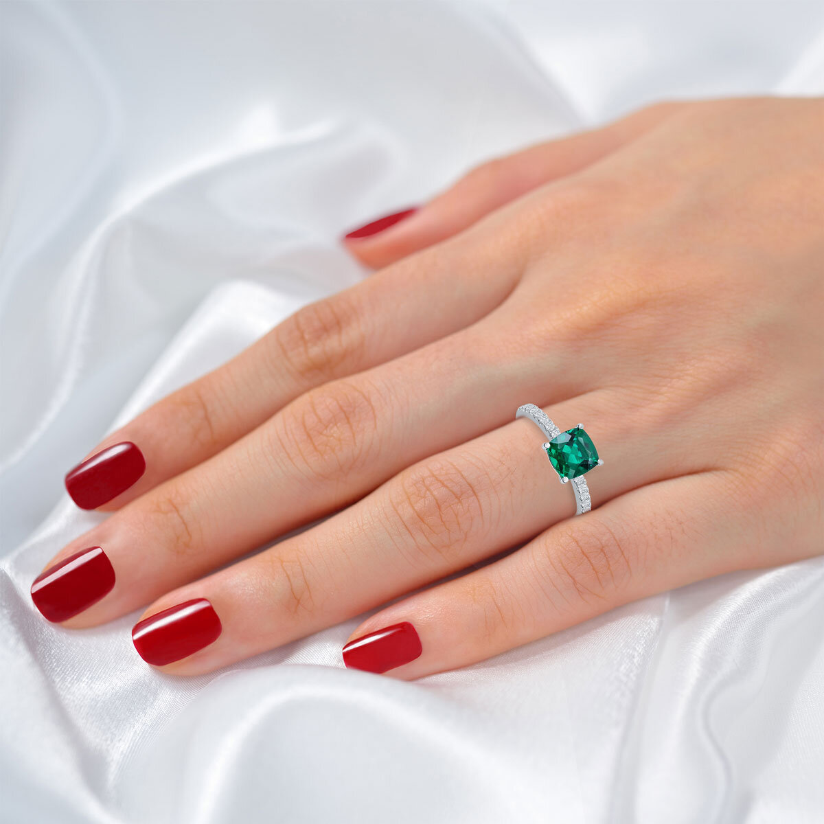 Lab Created Emerald and 0.90ctw Diamond Ring, 14k White Gold