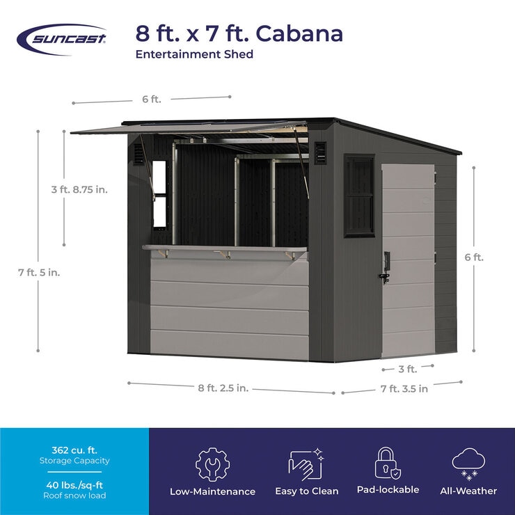 Suncast 8ft 3" x 7ft 4" (2.5 x 2.2m) Cabana Entertainment Shed