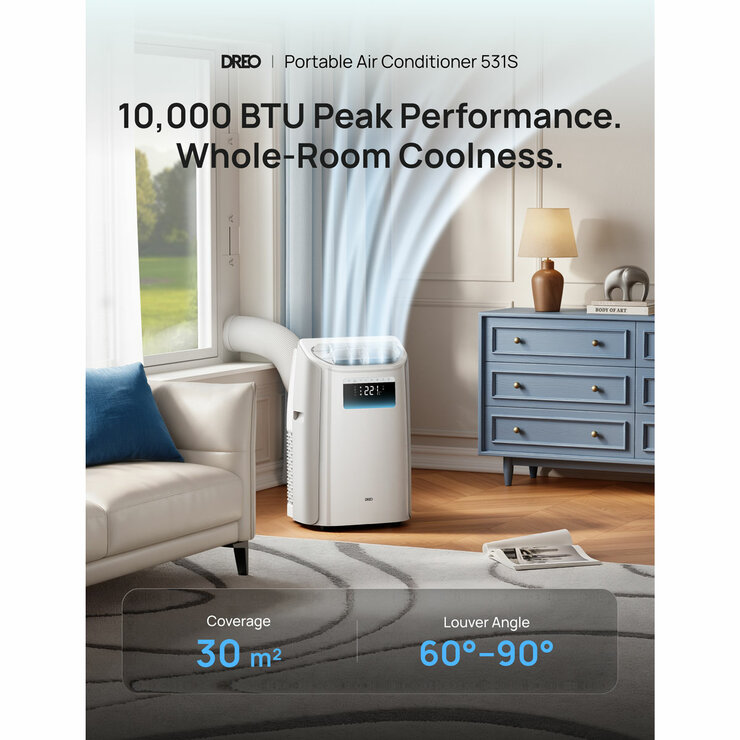 Lifstyle image of Dreo Smart 3-in-1 Portable Air Conditioner in living room