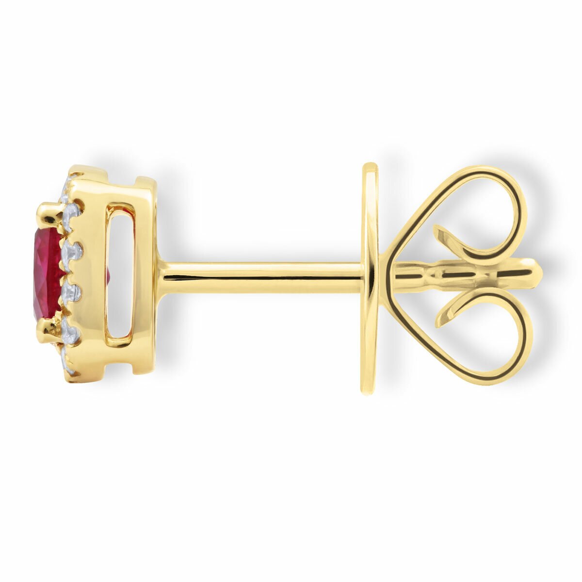 Cushion Cut Ruby & 0.13ctw Diamond Halo Earrings, 18ct Yellow Gold