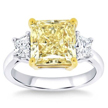 5.66ctw Radiant Cut Fancy Yellow Diamond Three Stone Ring, Platinum