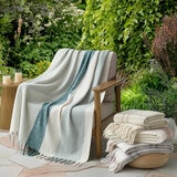 Neutral and blue Faux Mohair Throw draped on chair with the pink, beige and grey throw folded on the side