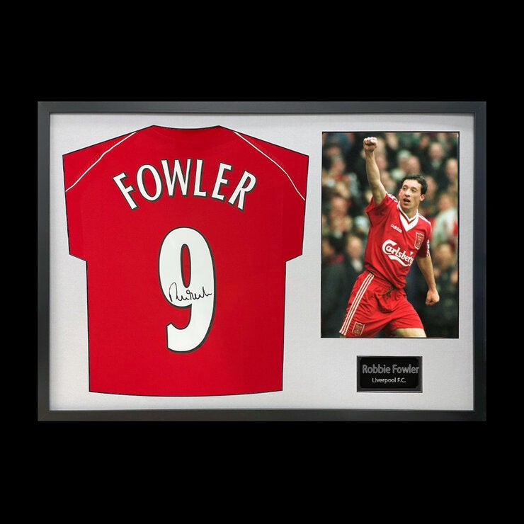 Robbie Fowler Signed Framed Liverpool Football Shirt including 1 Photo in White Robbie Fowler Signed Framed Liverpool Football Shirt including 1 Photo in White