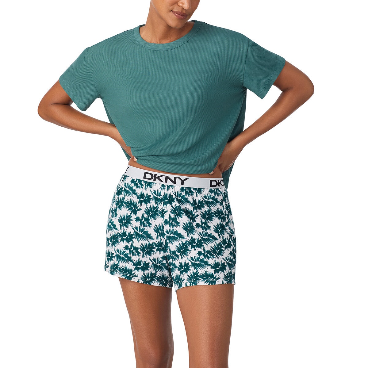 DKNY Ladies Tee & Boxer Pyjama Set in Green Palm DKNY Ladies Tee & Boxer Pyjama Set in Green Palm