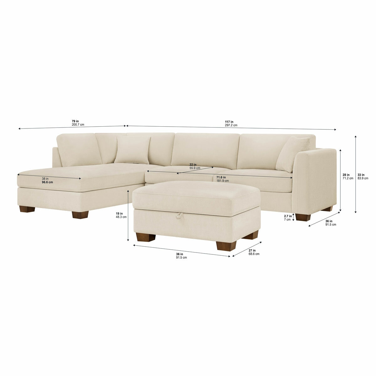 Thomasville Walsen Cream,  Left Hand Facing_Dimensions