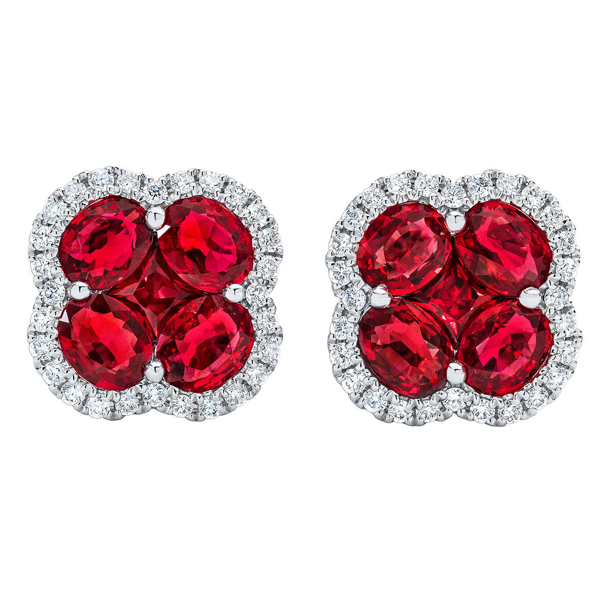 Oval & Princess Cut Ruby & 0.27ctw Diamond Clover Stud Earrings, 14ct White Gold