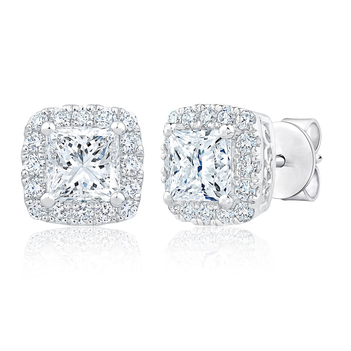 1.00ctw Princess & Round Brilliant Cut Diamond Halo Stud Earrings, 14ct White Gold