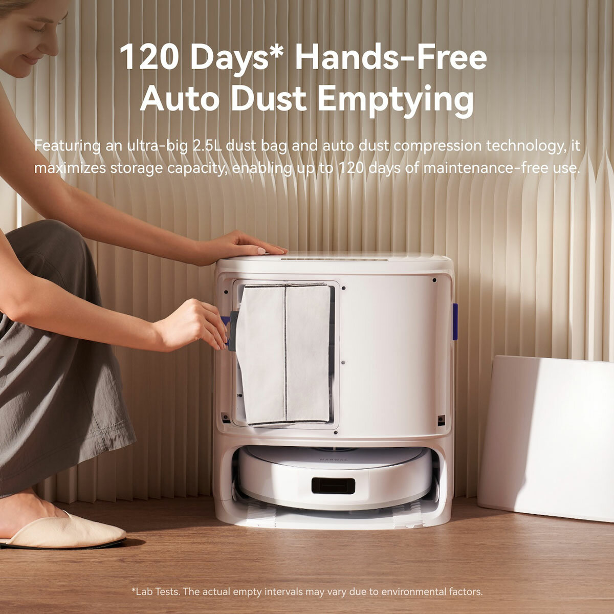 Lifestyle image of Narwal X10 Robot Vacuum Cleaner with auto dust emptying