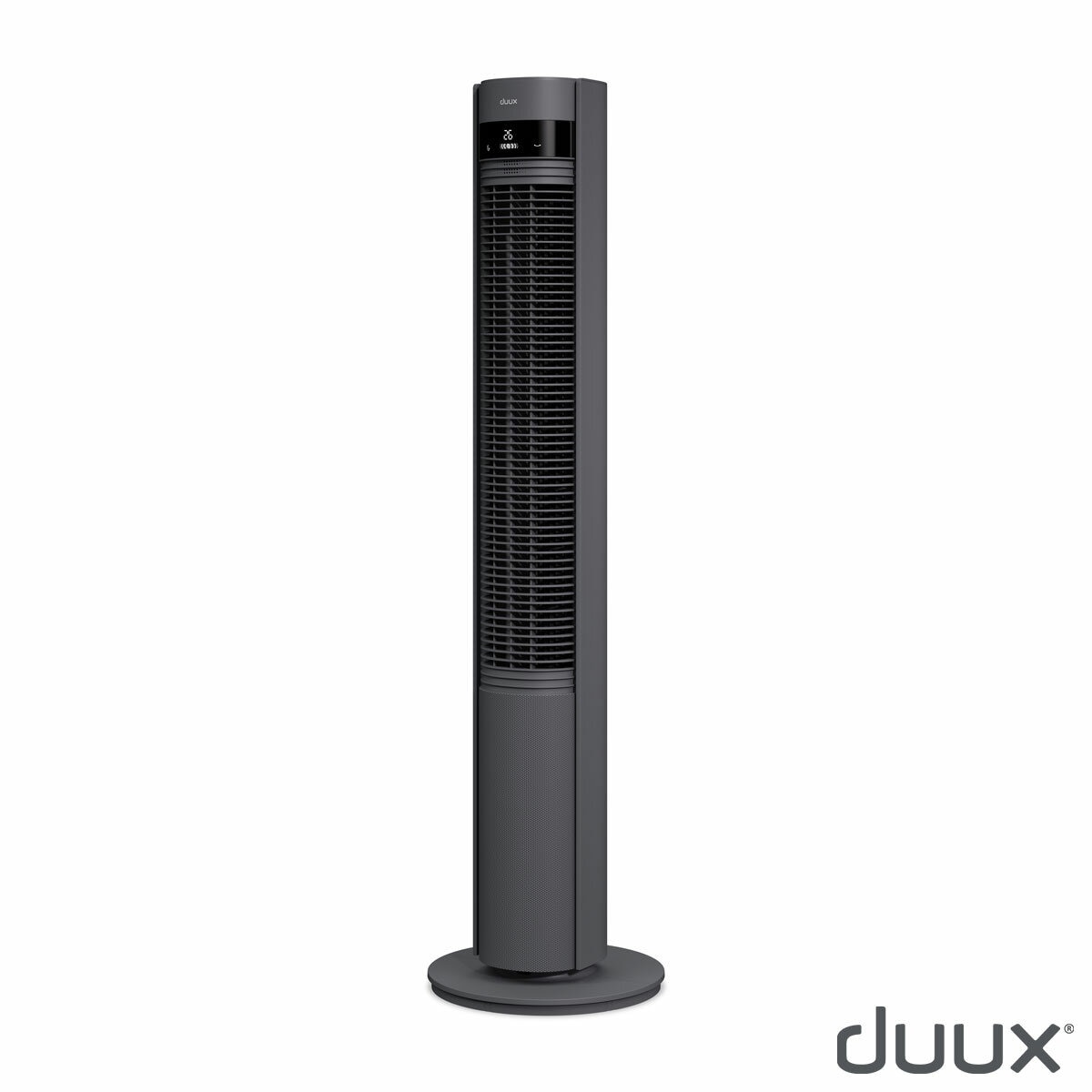 Front profile of Duux Elevate Tower Fan in grey