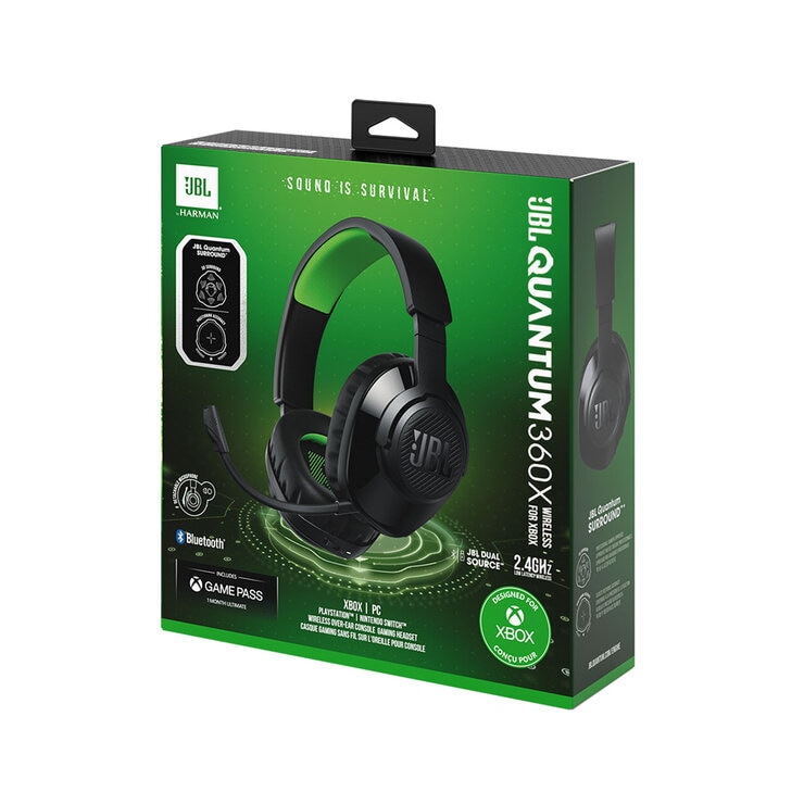 JBL Quantum 360X Wireless Headset for PS4, PS5, Xbox, PC, Switch in Black & Green JBL Quantum 360X Wireless Headset for PS4, PS5, Xbox, PC, Switch in Black & Green