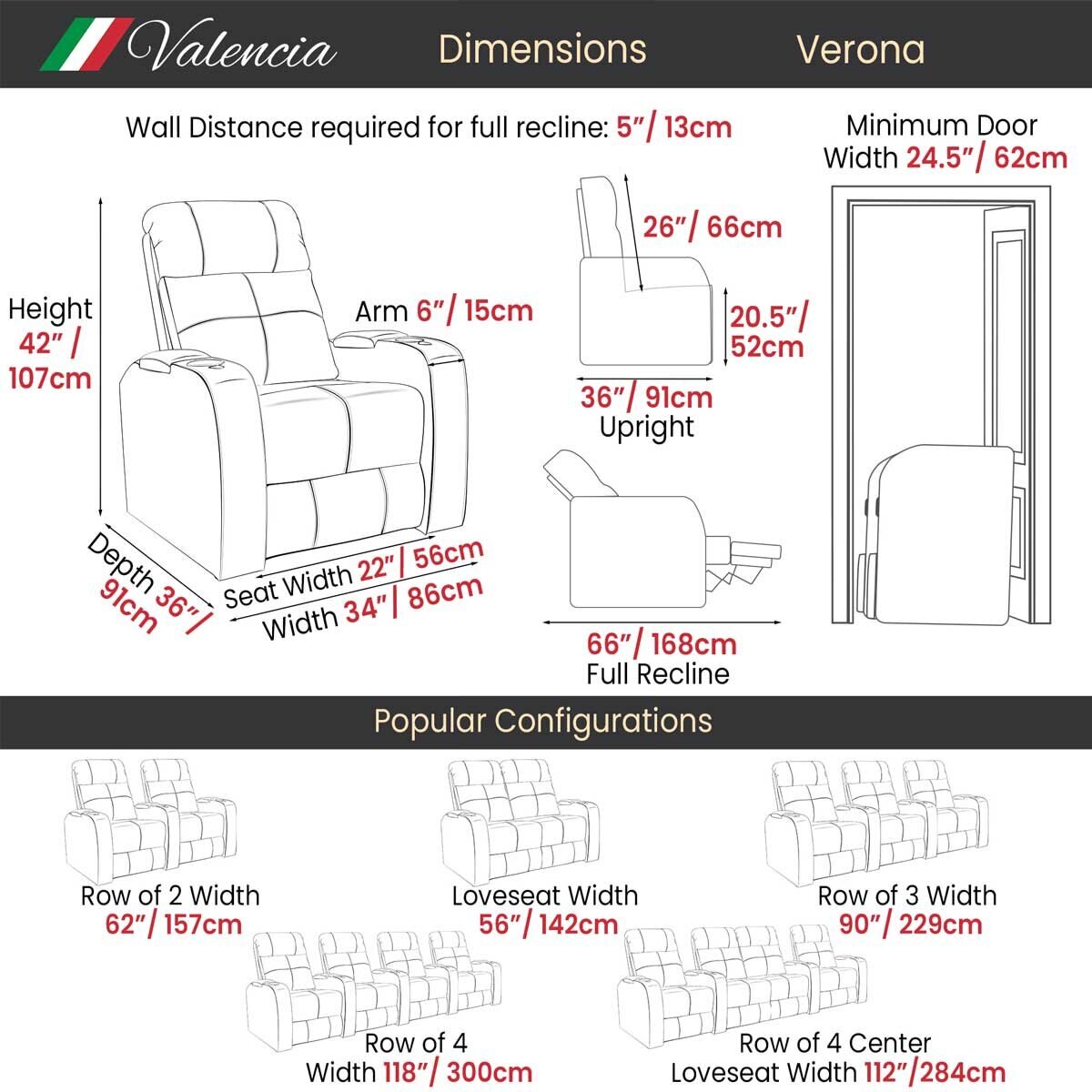 Valencia Verona Row of 5 Black Leather Power Reclining Home Theatre Seating