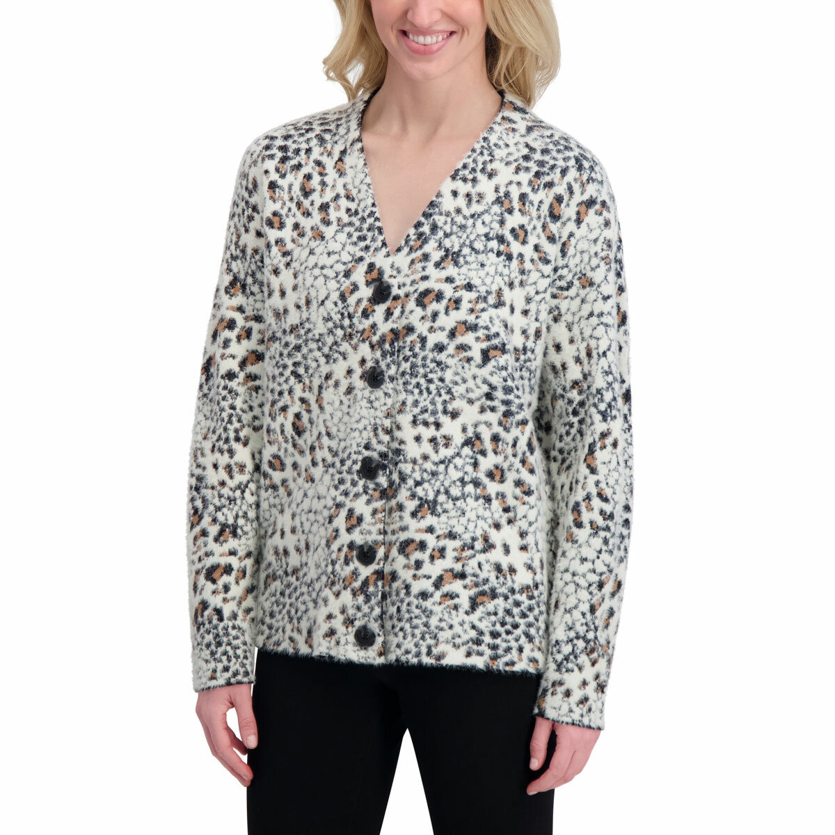 DKNY Ladies Leopard Print Cardigan in Ivory