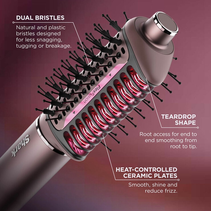 Lifestyle image of Shark FlexFusion 4 in 1 Air Styler with dual bristles, teardrop shape and heat controlled ceramic plates