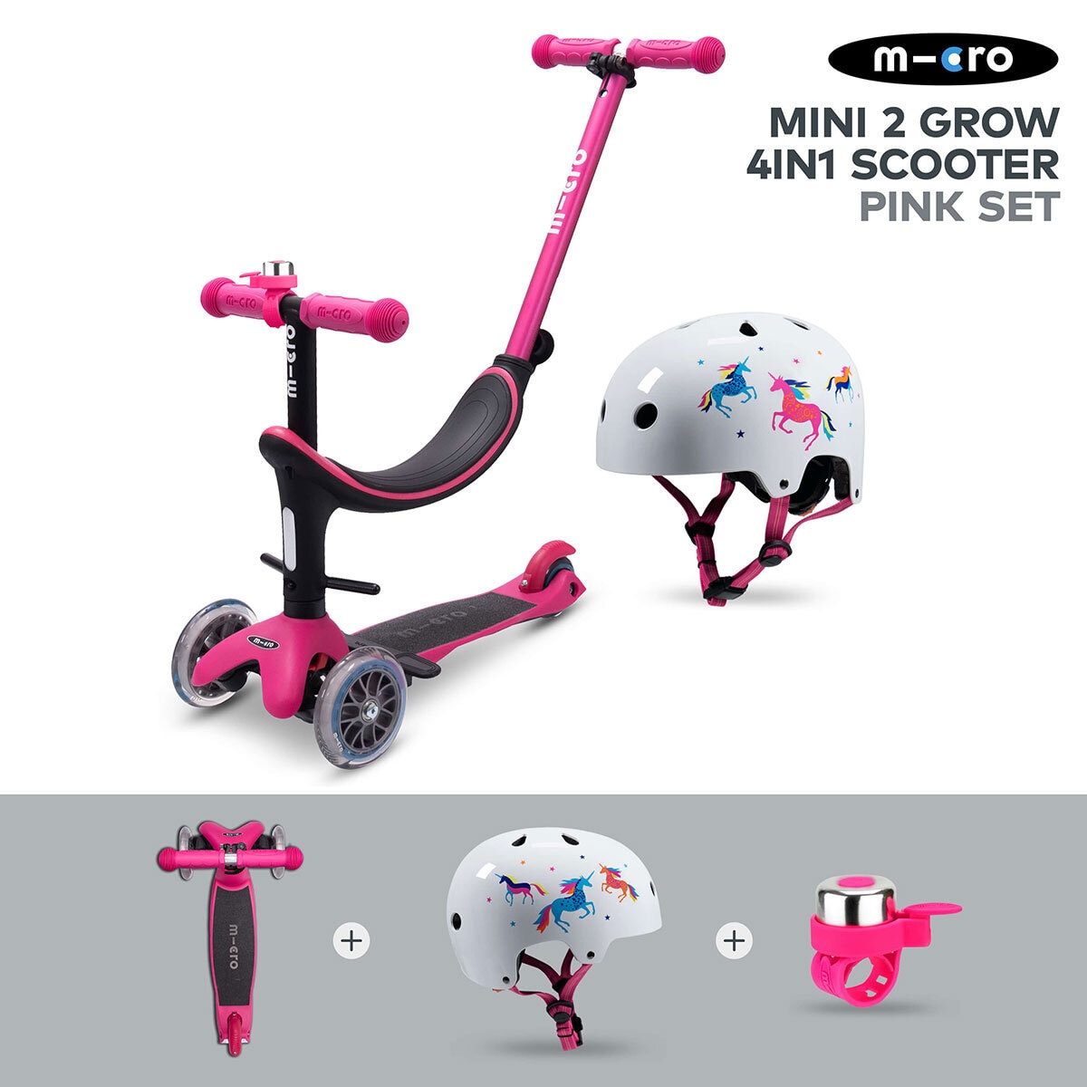 Micro Mini 2 Grow 4 in 1 Pink Scooter with Medium Unicorn Helmet and Pink Bell (12+ Months)