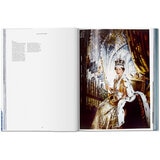 Page spread showing Queen sitting in royal attire