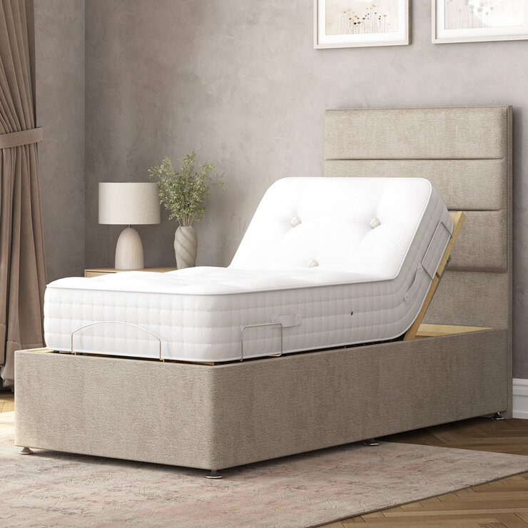 Highgrove Radnor Taupe Fabric Electric Adjustable Bed Frame with 1000 Spring Count Long Single Mattress in 2 Firmness Ratings