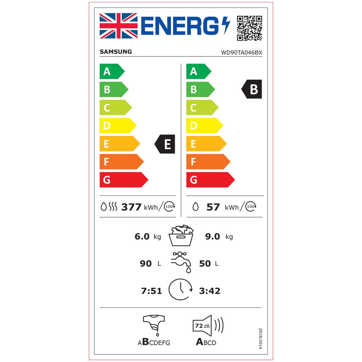 Samsung Series 5 WD90TA046BX/EU, 9kg/6kg, 1400rpm, Washer Dryer, E Rated in Graphite