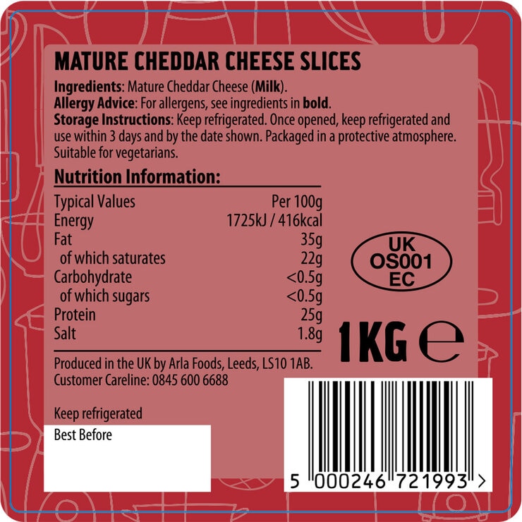 Back of packaging for Arla Professional Mature Cheddar Slices
