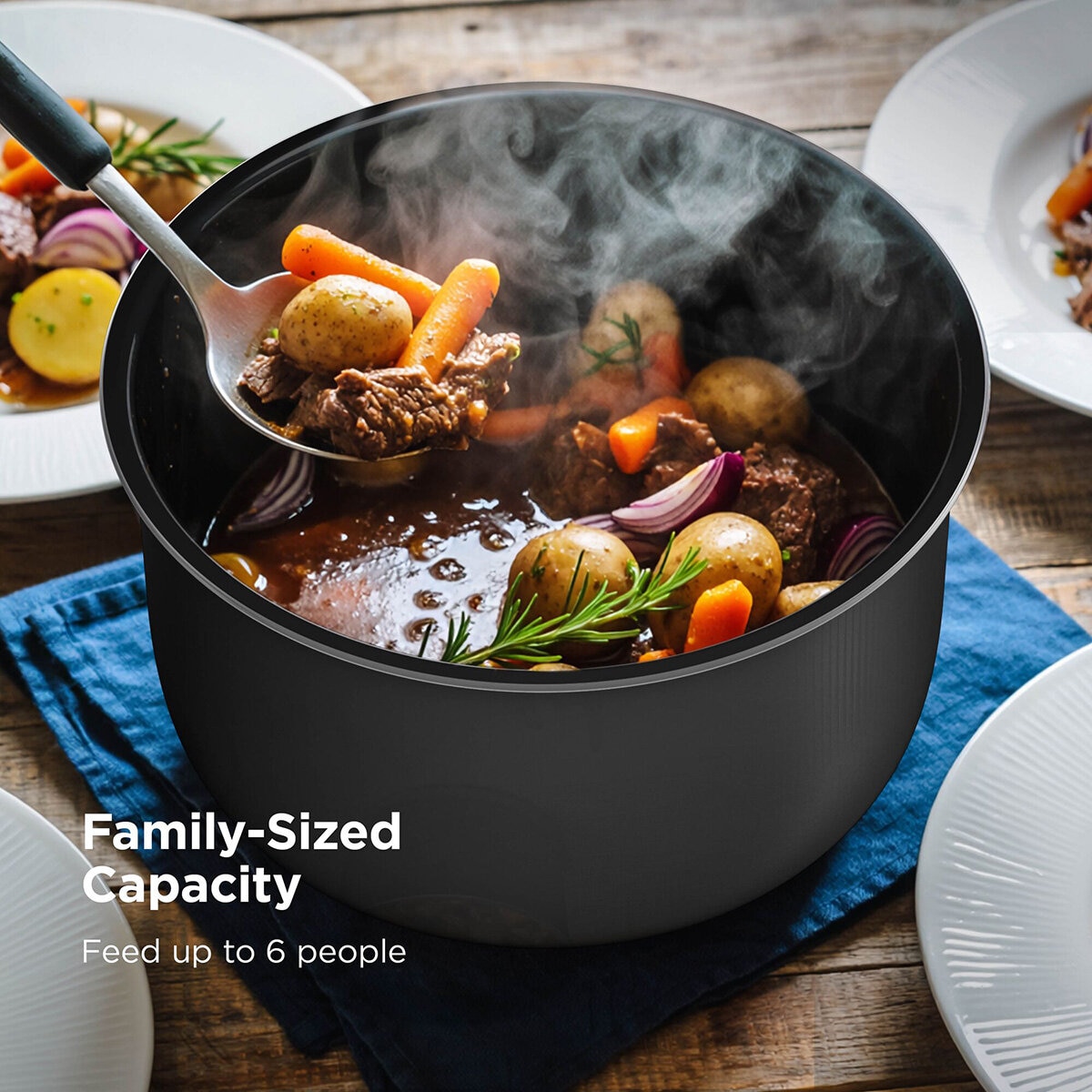 Lifestyle image showing family sized cooking capacity, feeds up to 6 people Lifestyle image showing family sized cooking capacity, feeds up to 6 people