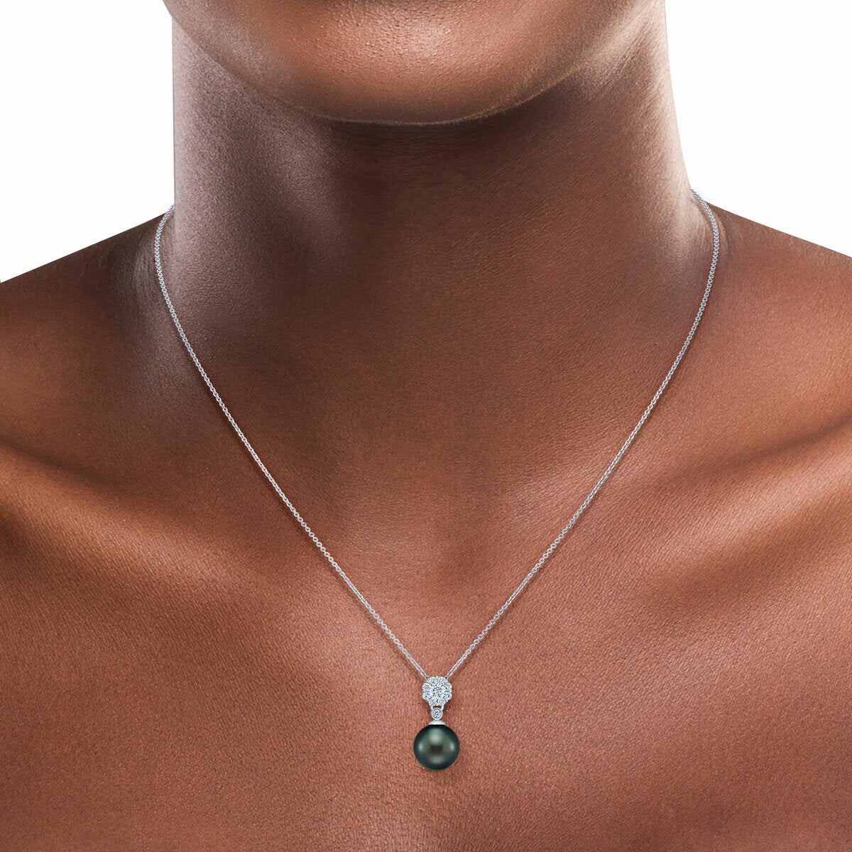 9-10mm Tahitian Pearl & 0.30ct Diamond Pendant, 14ct White Gold 9-10mm Tahitian Pearl & 0.30ct Diamond Pendant, 14ct White Gold