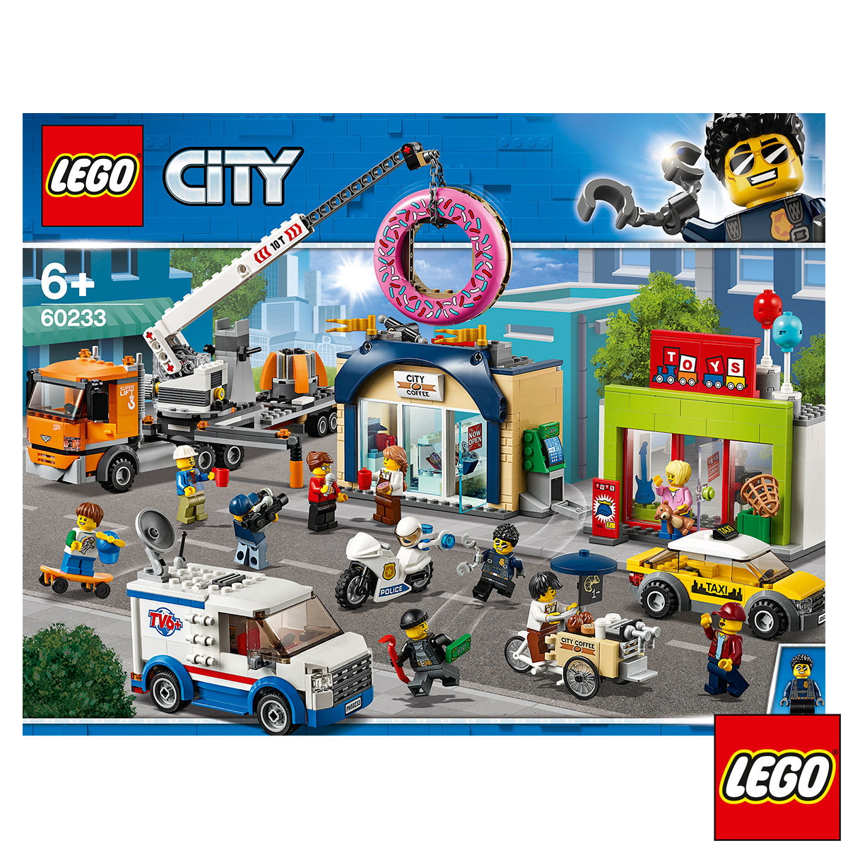 Boxed front image of the lego donut shop opening