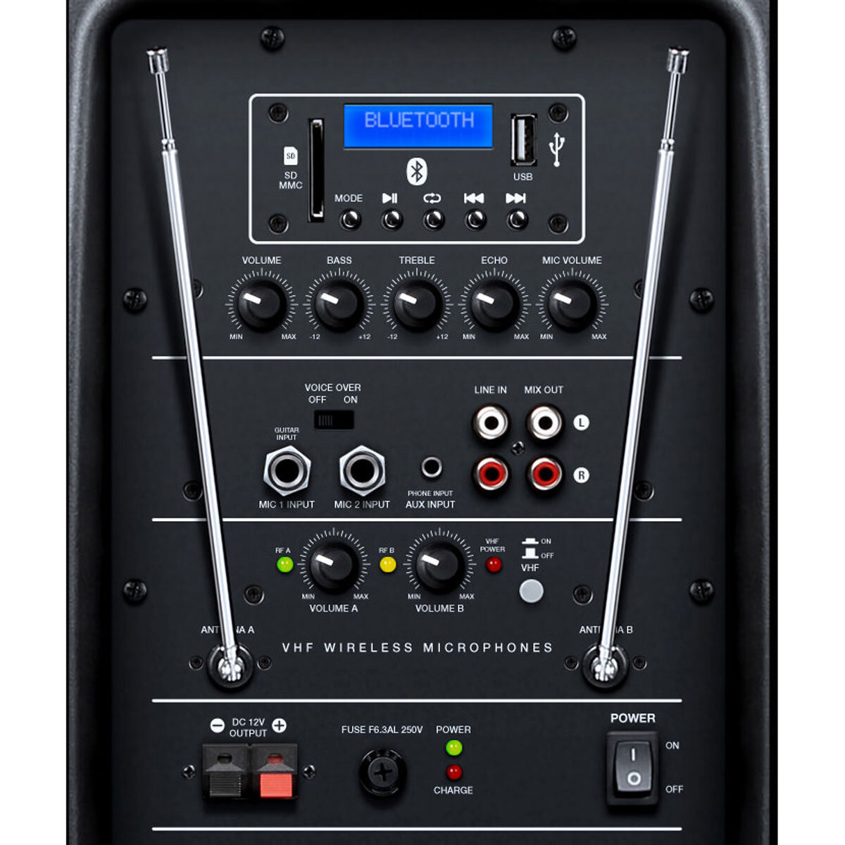 Back of KAM RZ12AP 12" Portable Bluetooth Speaker