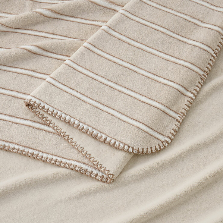 Taupe plaid throw zoomed in, soft plush look with outer edge thread trimming