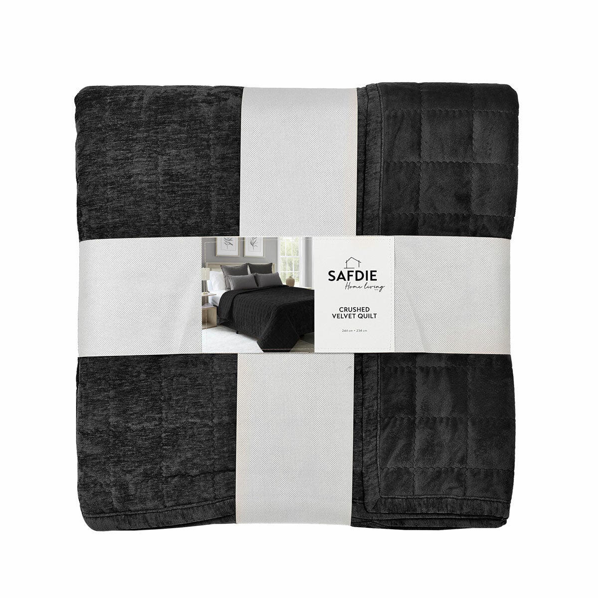 Safdie Crushed Velvet Black Throw , 234 x 244 cm