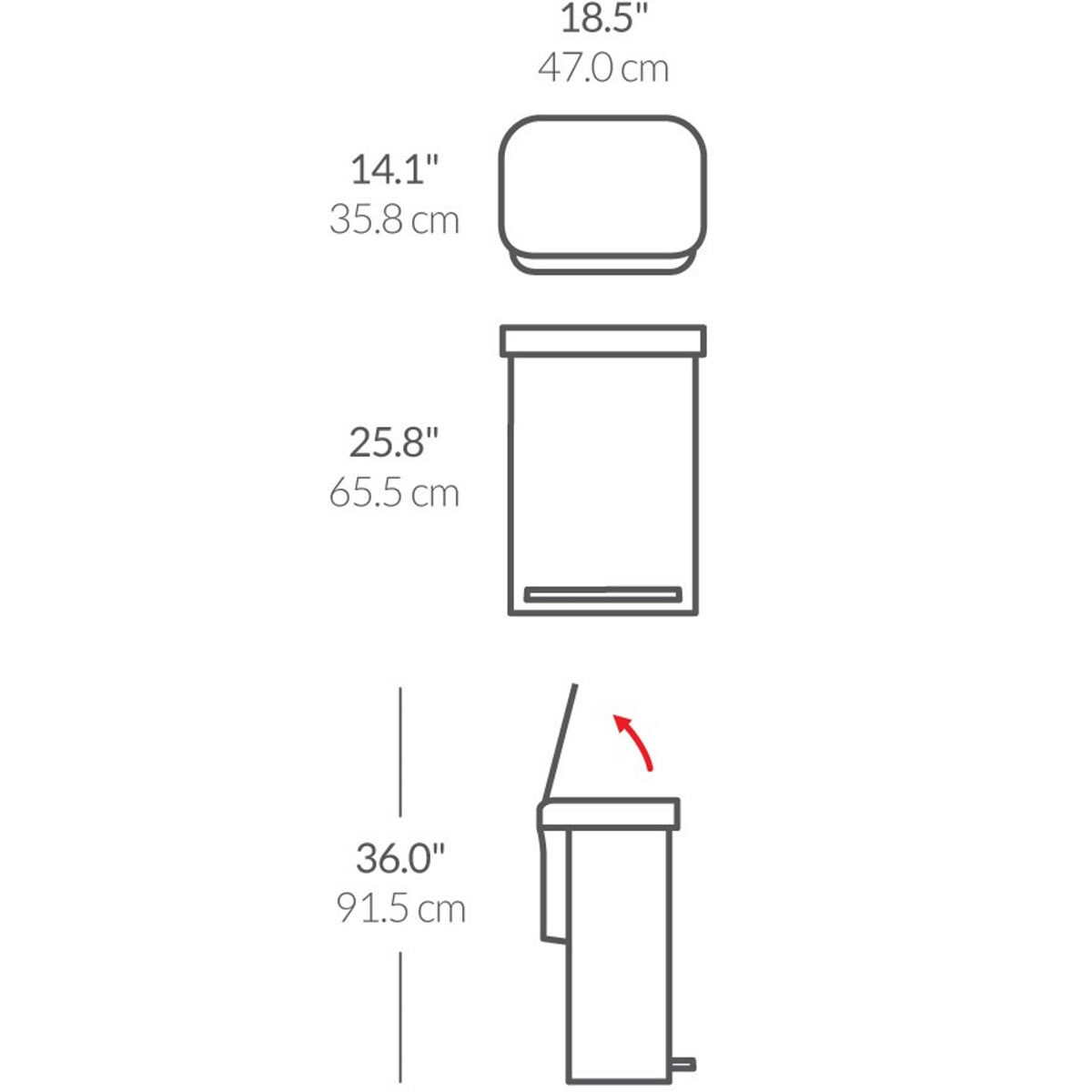 Line drawing of bin on white background with dimensions