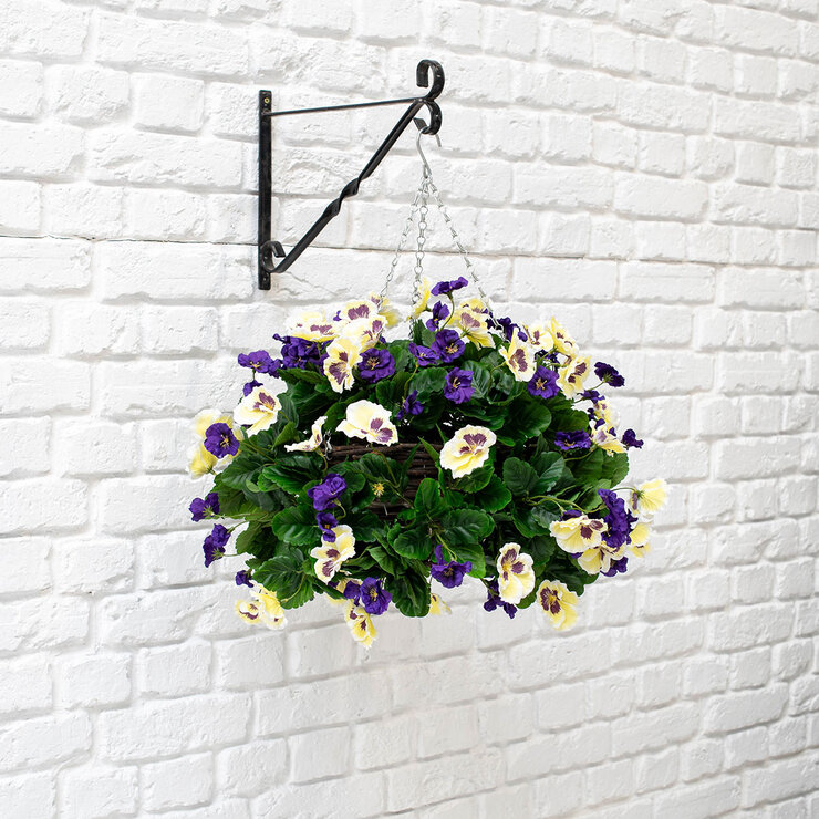 Artificial Purple & White Pansy Flower Hanging Basket