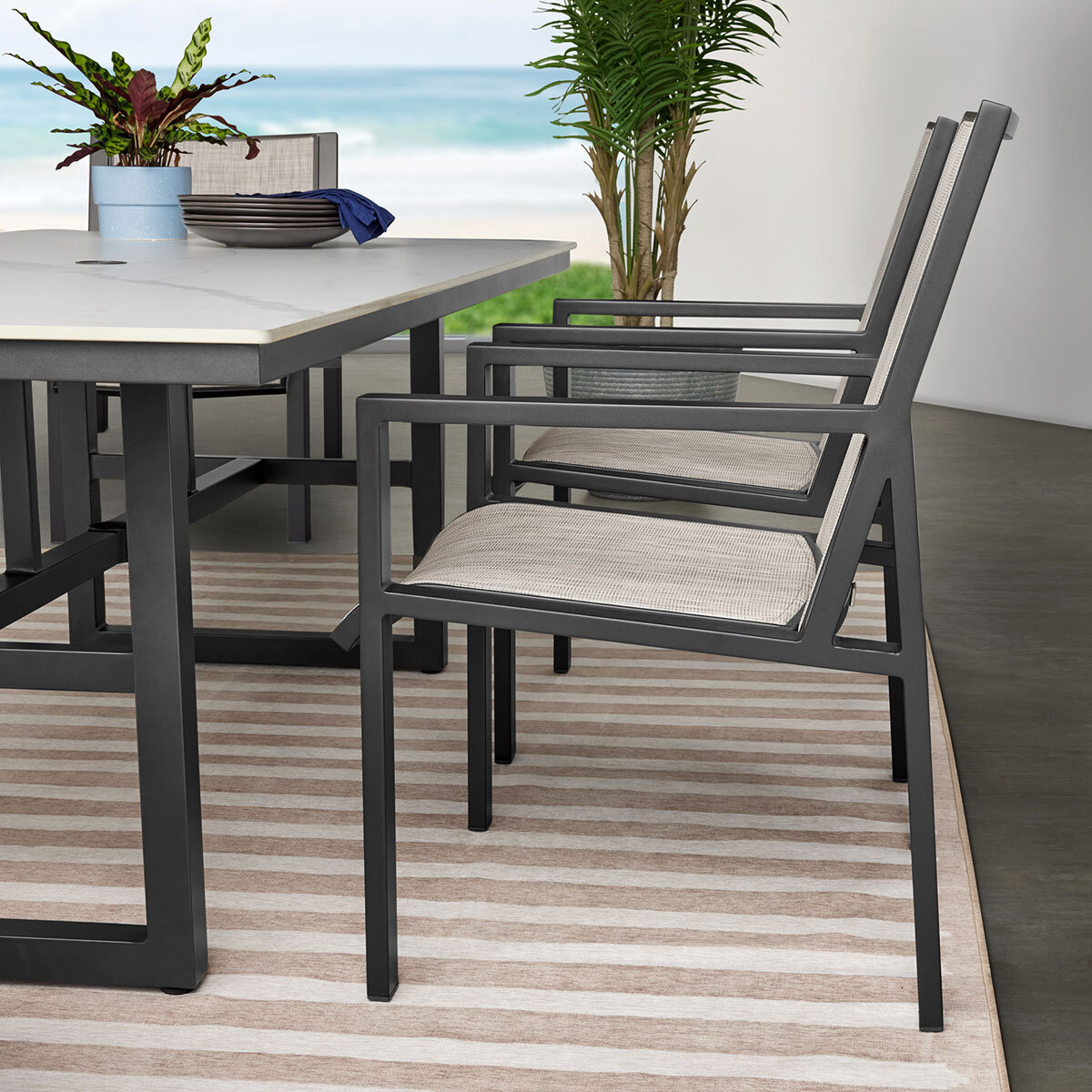 Agio Trinity 7 Piece Sling Dining Patio Set with Sintered Stone Table Top + Cover