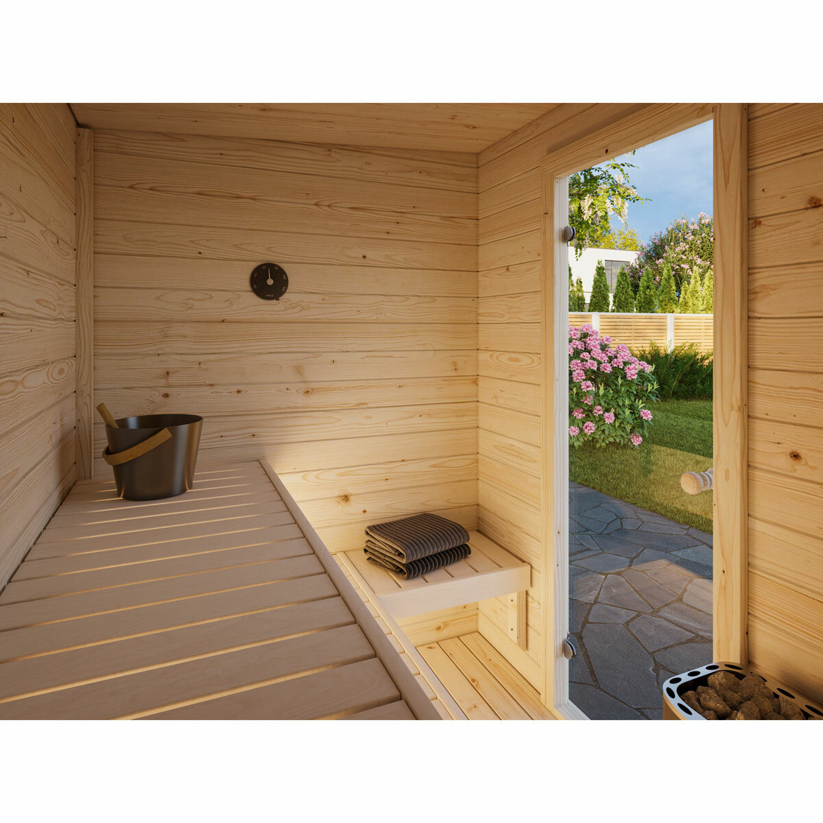 Eir (2,6m2 | 2,2x1,8m |44mm) Compact Garden Sauna Set Eir (2,6m2 | 2,2x1,8m |44mm) Compact Garden Sauna Set